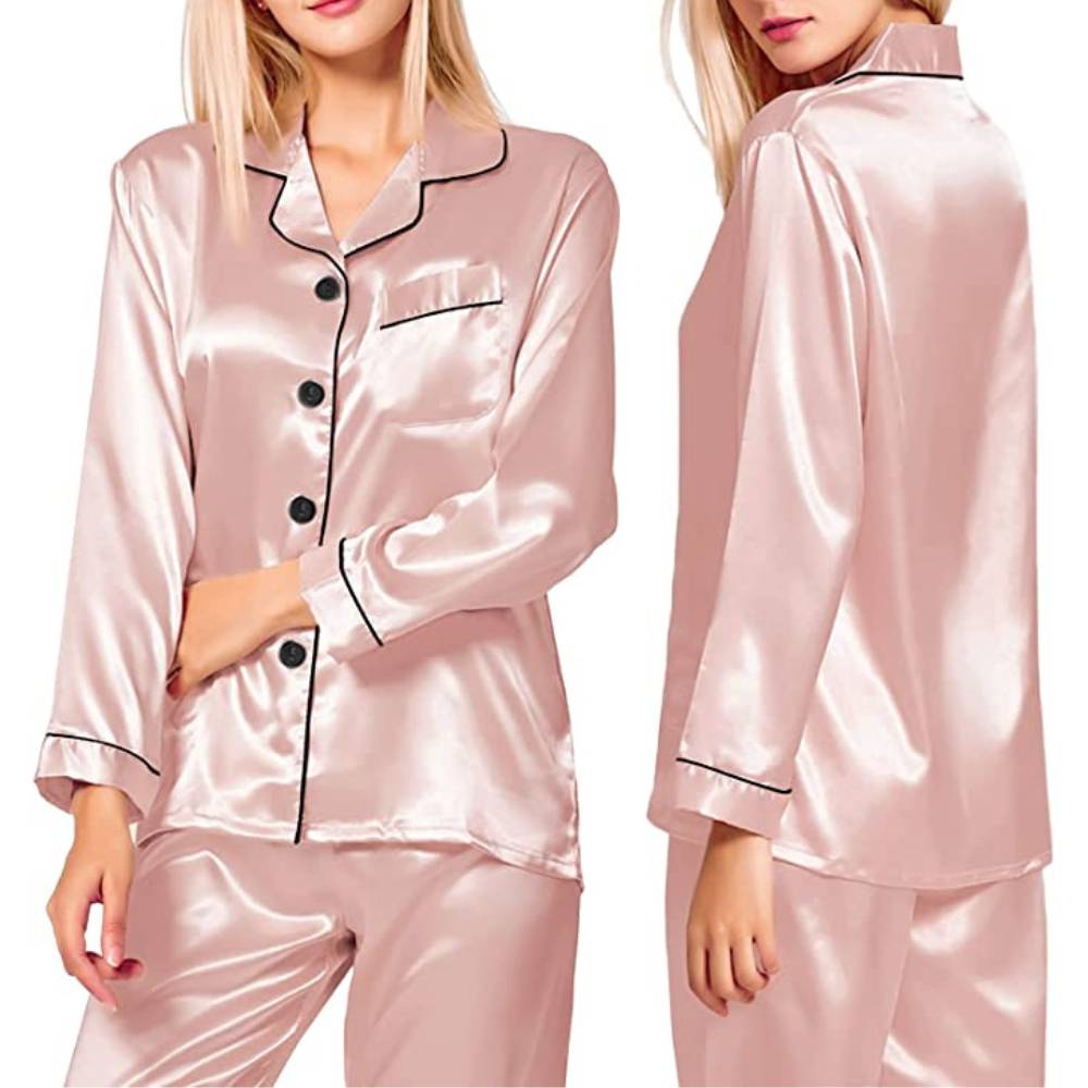 Satin Silk Long PJ Set, Pink, Medium